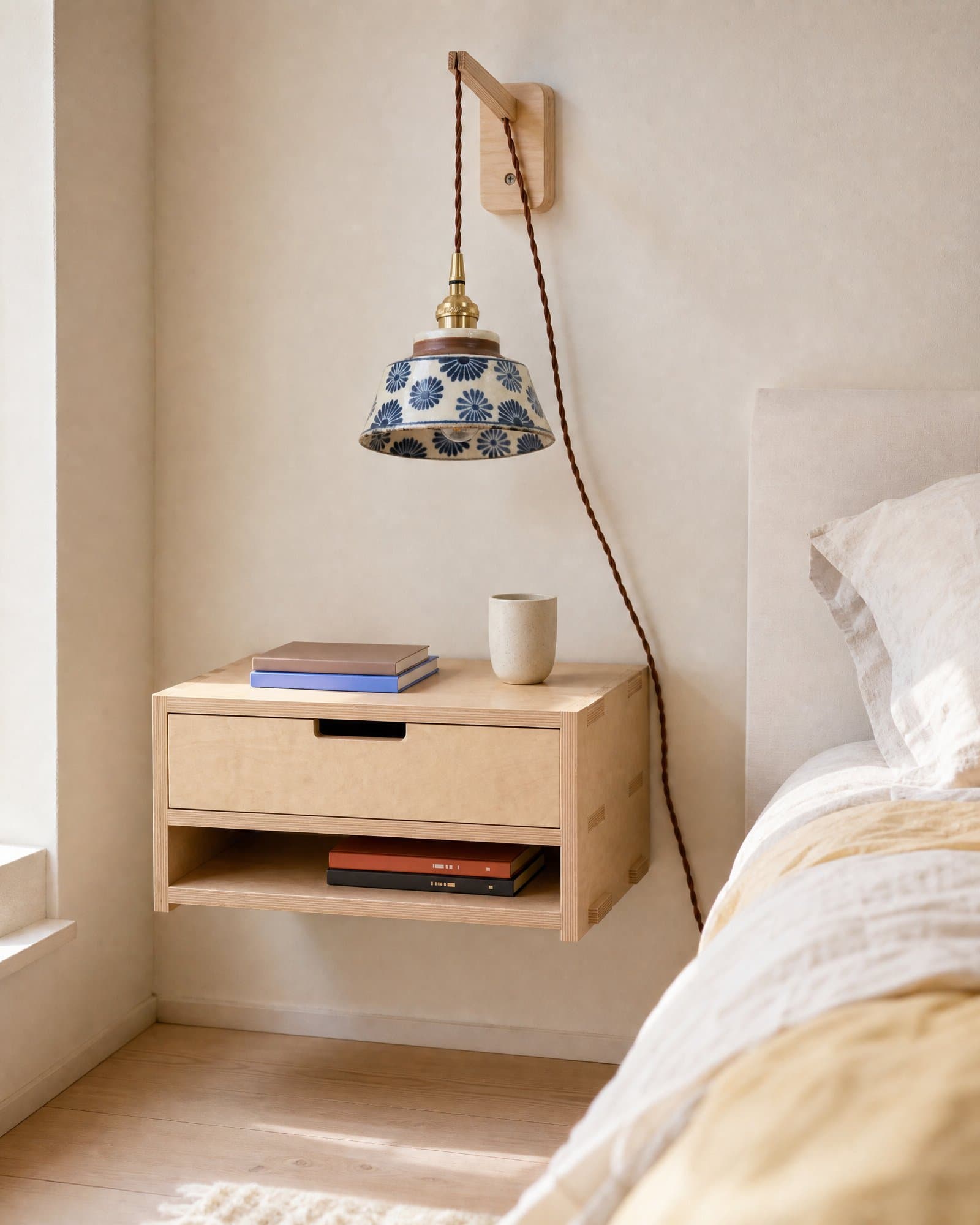AI-generated image: Tirooëreflotanskt hung on a bedroom wall in daylight, two books and a cup on top, two books in the nook; above it, a lamp with a ceramic shade painted with blue flowers hangs from a plywood bracket; the linen bed on the right