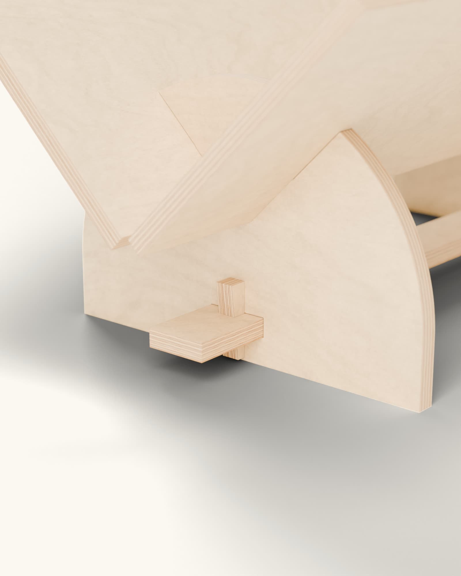 Close-up render of the foot of an arch: the stretcher passes through it and an upright wedge locks it against its face