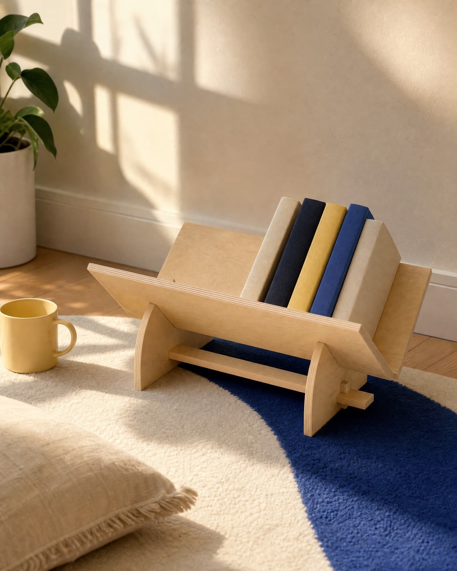 AI-generated image: Räakaliv on the floor on a cream and ultramarine rug, five beige, navy, yellow and blue books in the V; beside it, a yellow mug, a plant and a cushion, in the late-afternoon sun