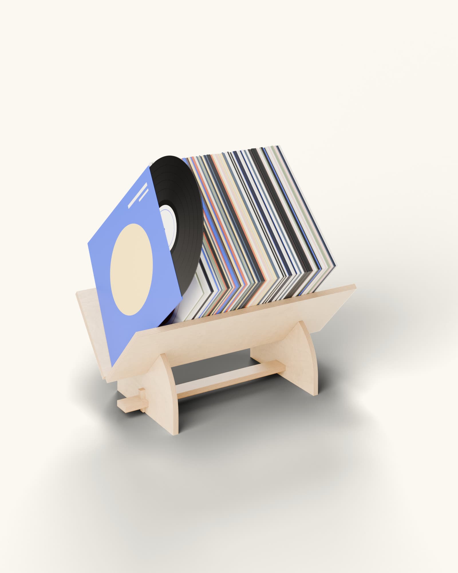 Render: Räakaliv filled with a row of 12-inch records resting on their corner in the V; in front, a leaning sleeve with its record half out