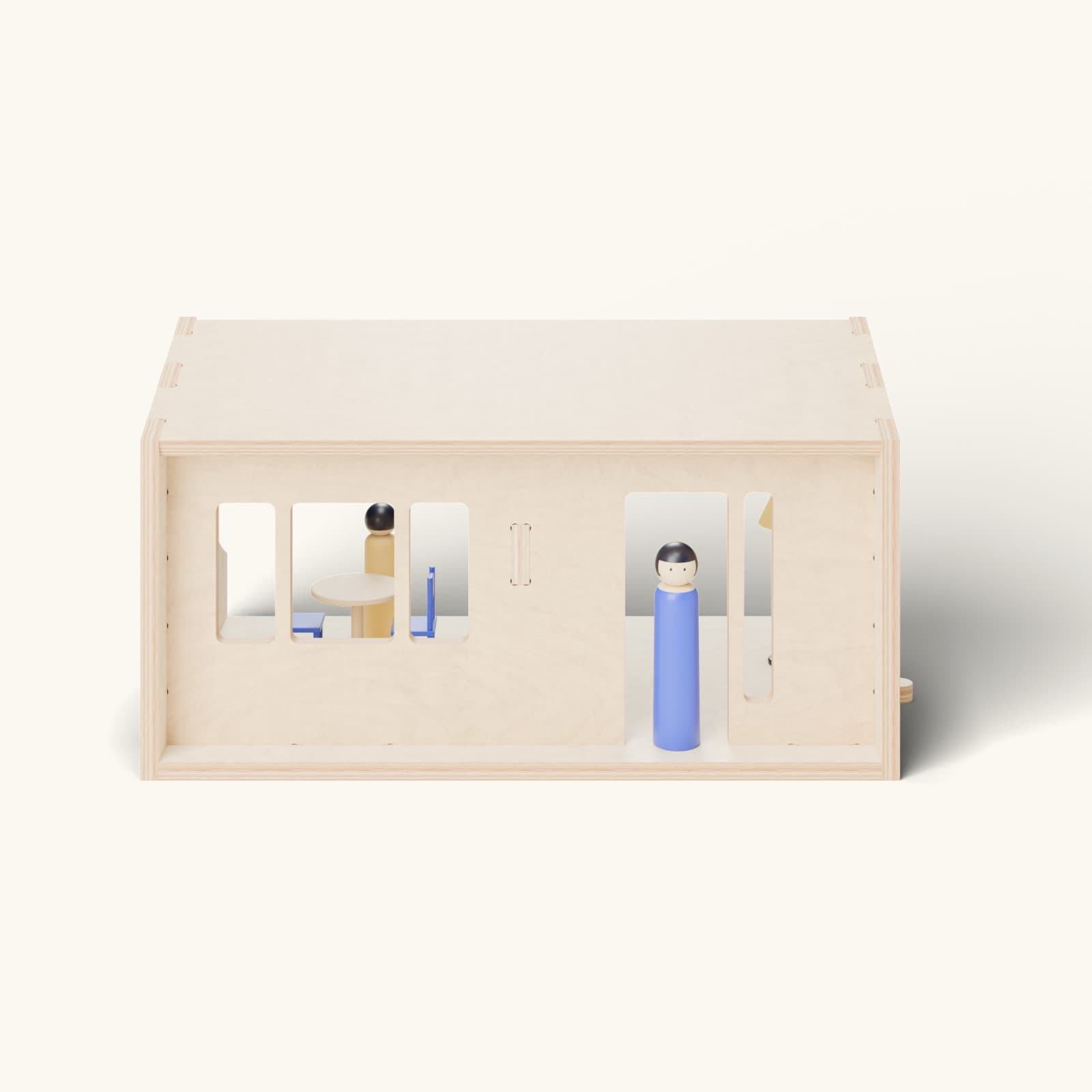 Render of the Mesøndpoupt birch dollhouse, the starter module: a wooden doll in the doorway, a table and two chairs behind the picture window