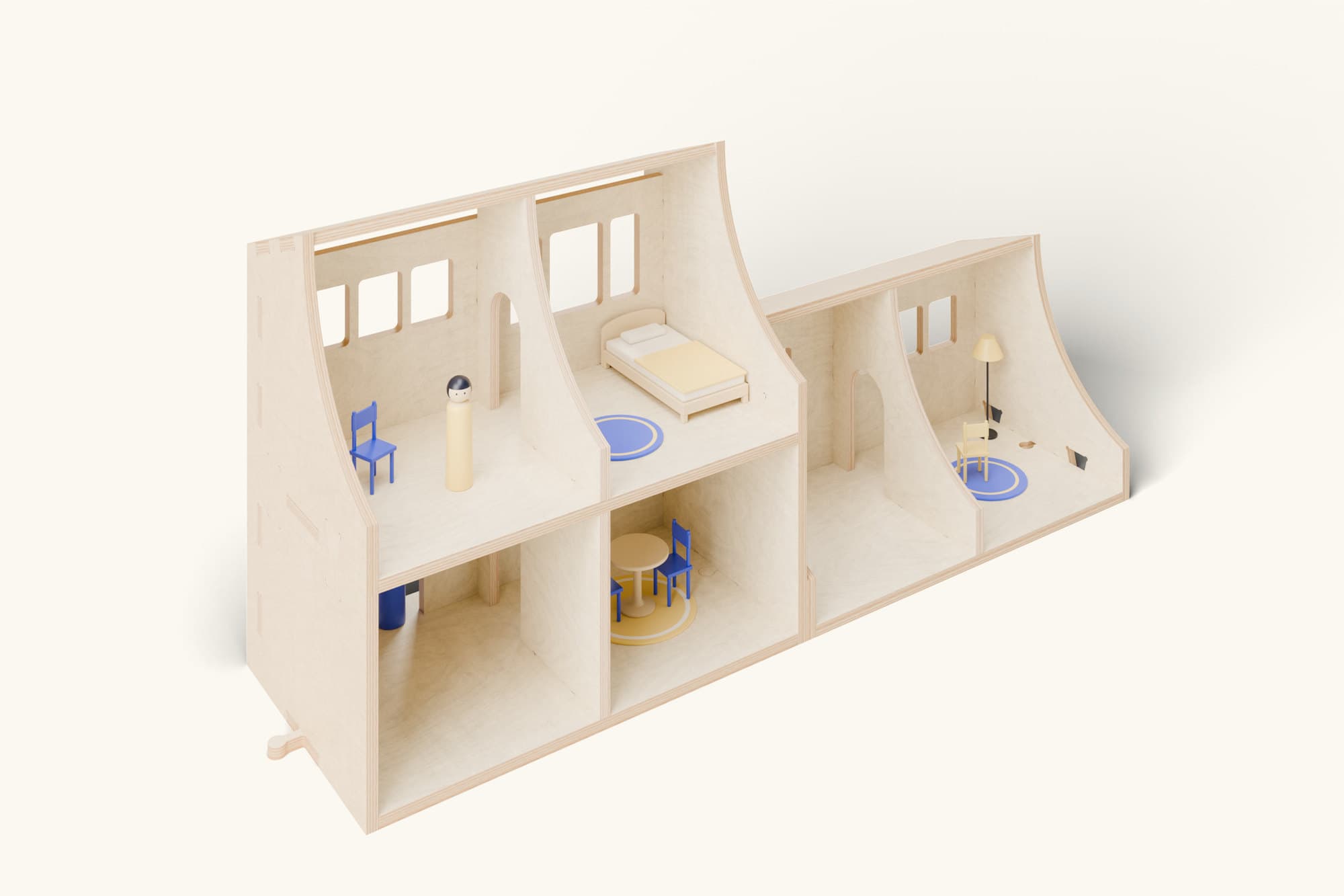 Back render of Mesøndpoupt: the roof sweeps down like a slide and the six rooms are open; inside, wooden toys: a bed, a table and two chairs, a lamp, two dolls