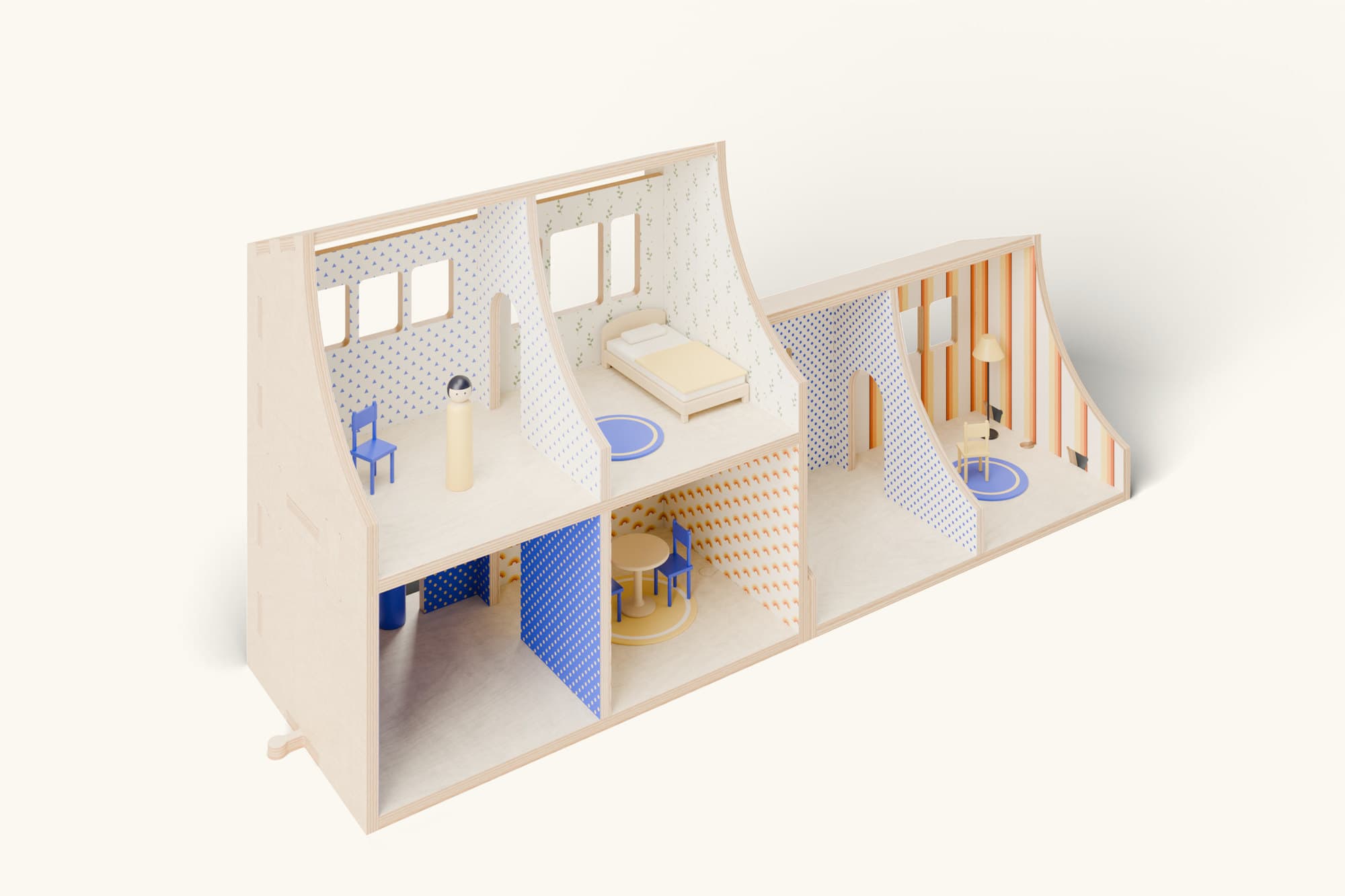 The same back render, with wallpaper in every room: 1970s stripes and arches, polka dots, leaves and triangles