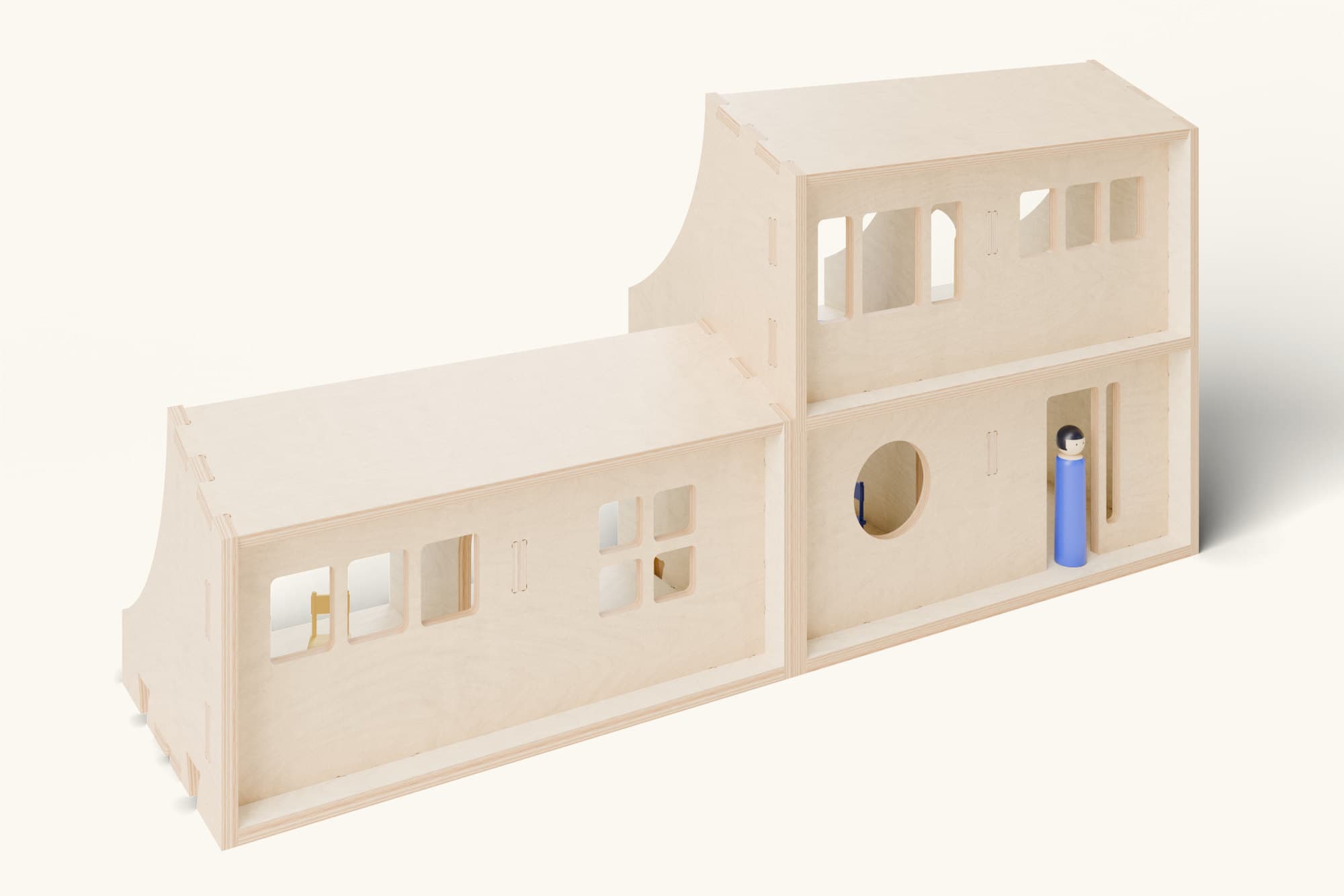 Render of an extended Mesøndpoupt: a wing on the left, an upper floor on the starter module; ribbon, square, porthole and picture windows; a wooden doll in the doorway