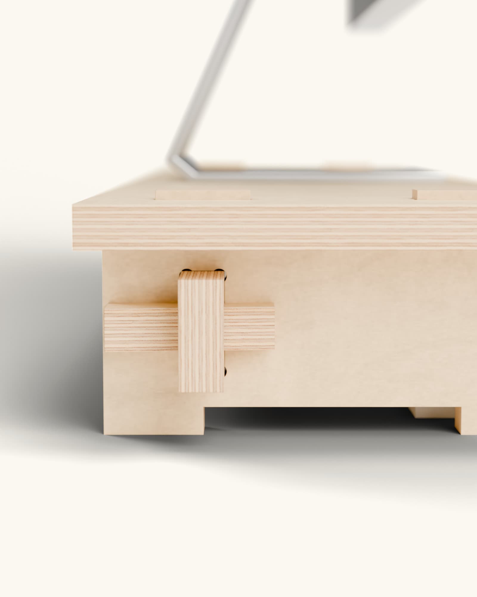 Side render of the end of the stand: the rail passes through the side and a flat wedge locks it against its face