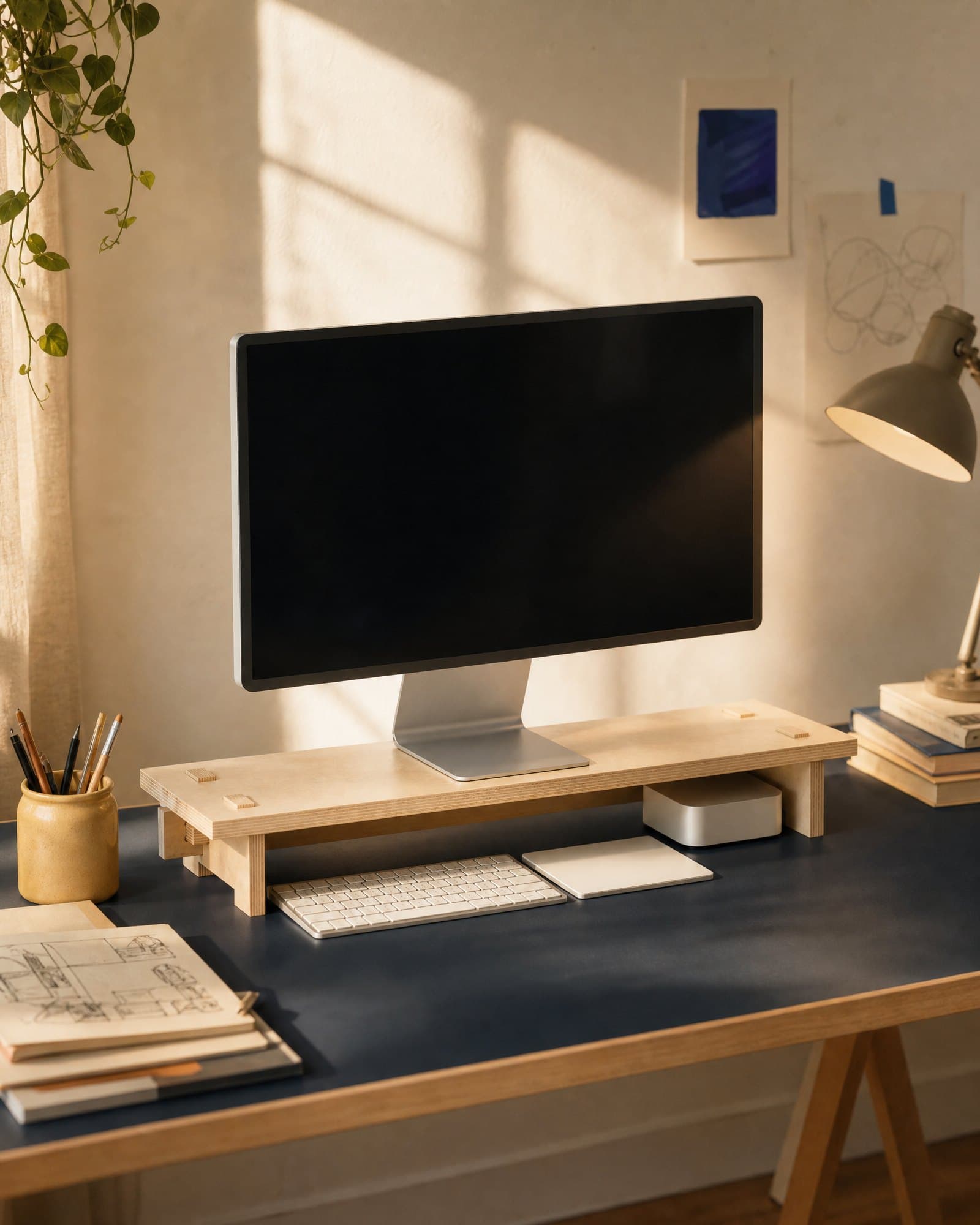 AI-generated image: Supørdordi on a navy linoleum desk, under a large switched-off display, the Mac mini stored underneath, in the late-afternoon sun