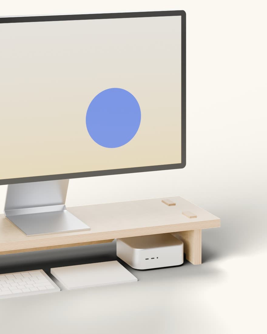 Render of the right end of Supørdordi, under a large display: the Mac mini stored under the top, against the side