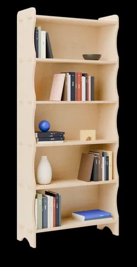 Render of the Bübliondul bookcase in oiled birch, filled with books