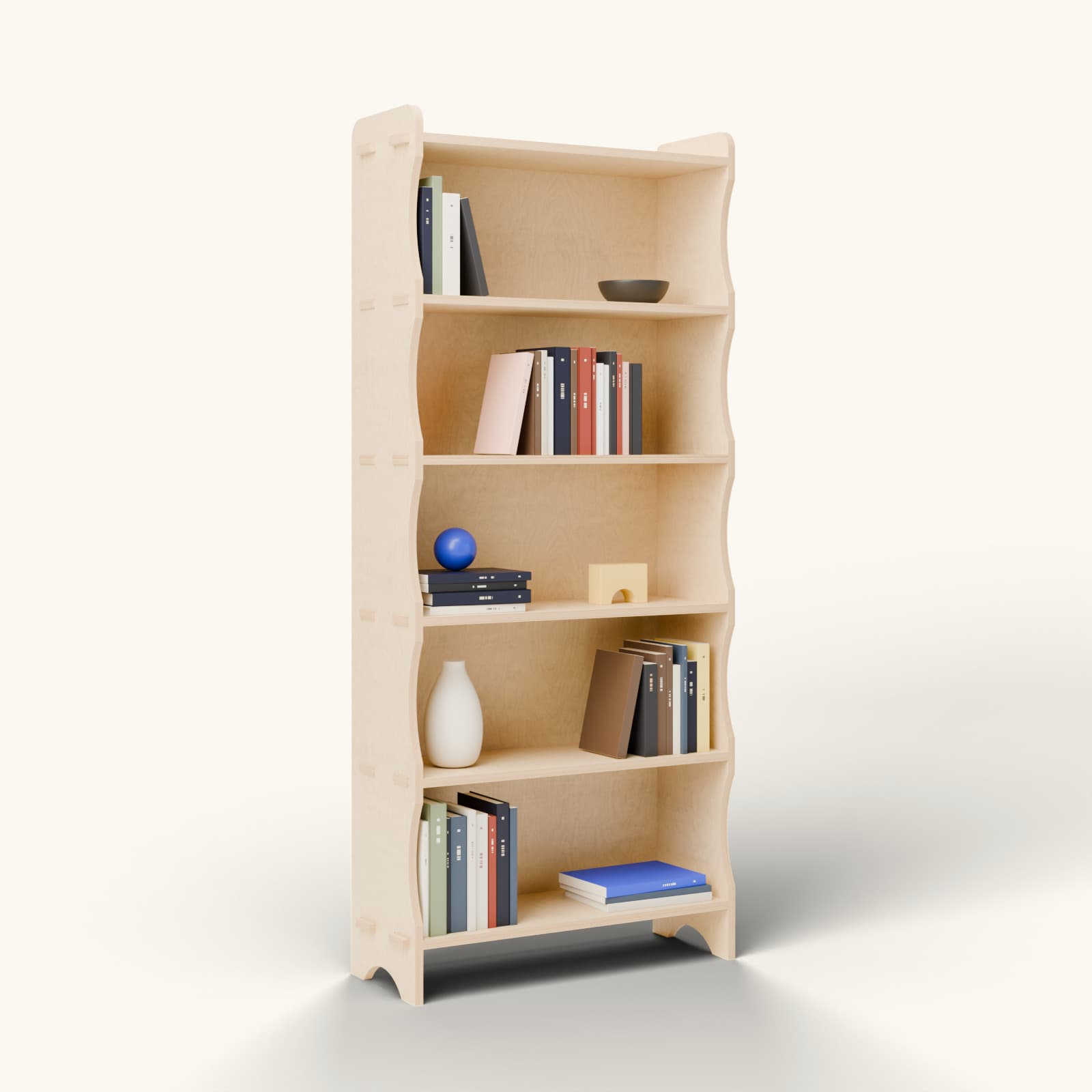 Render of the Bübliondul bookcase in oiled birch, filled with books