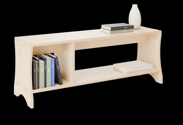 Render of the Möeltitaskk bench in oiled birch, entryway version: books in the left compartment, a vase on top
