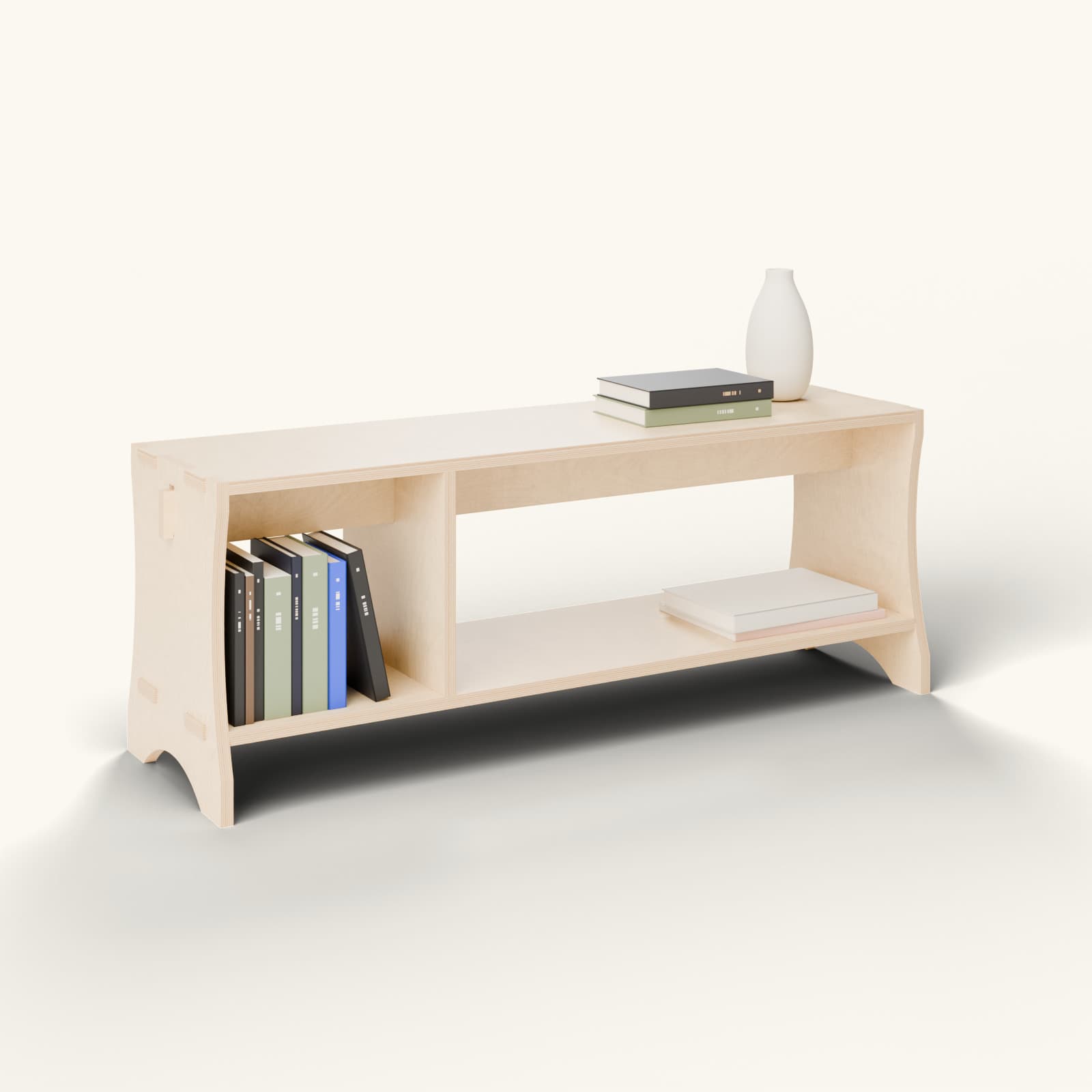 Render of the Möeltitaskk bench in oiled birch, entryway version: books in the left compartment, a vase on top