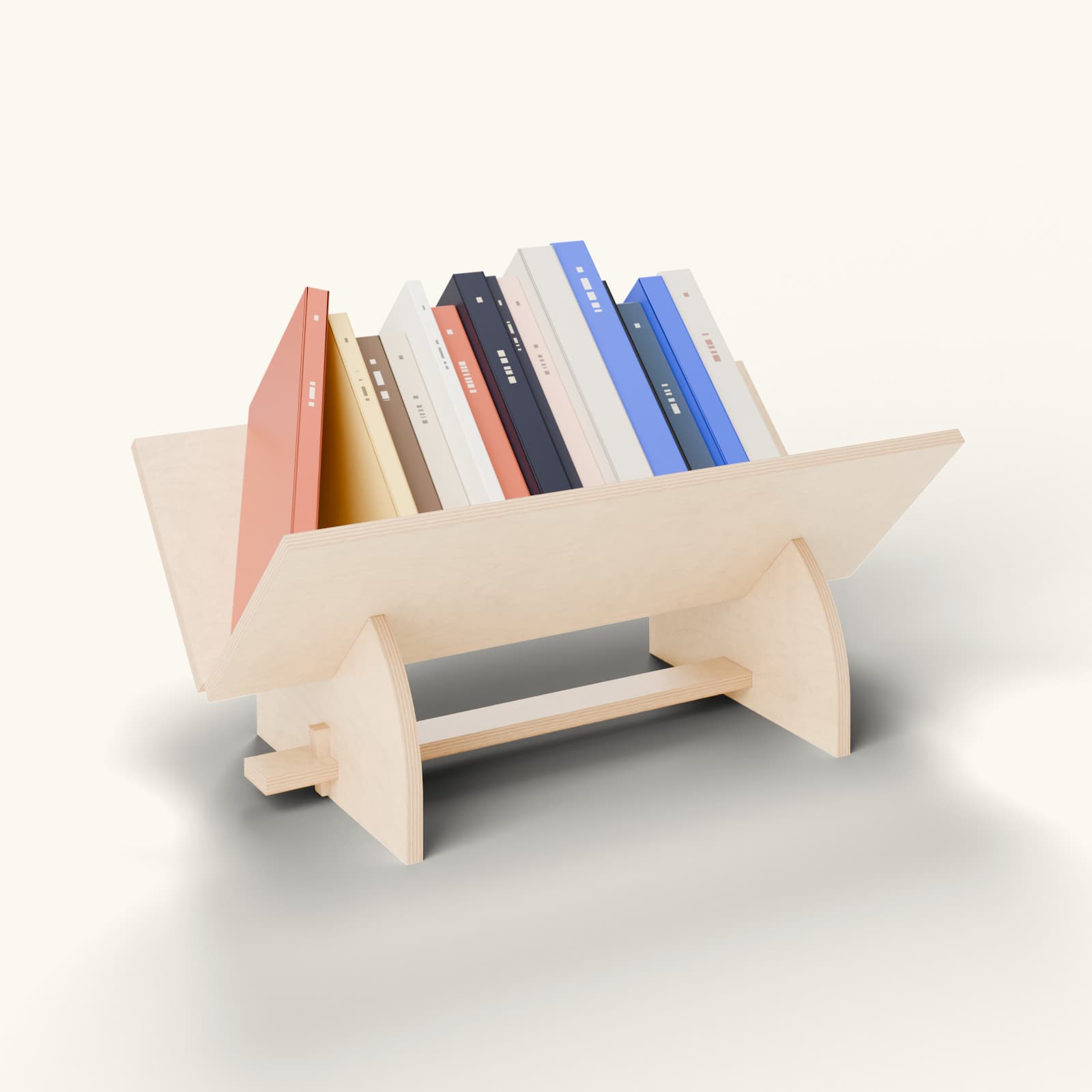 Render of the Räakaliv book stand in oiled birch, a row of books resting in the V