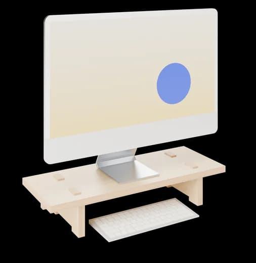 Render of the Supørdordi computer stand in oiled birch under a 24-inch iMac, with the keyboard tucked underneath