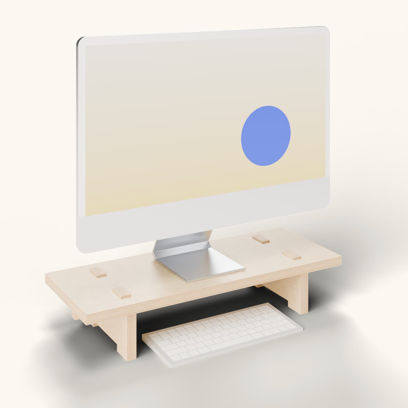 Render of the Supørdordi computer stand in oiled birch under a 24-inch iMac, with the keyboard tucked underneath